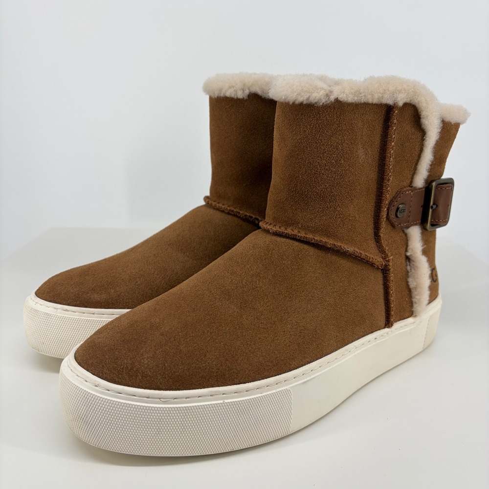 UGG Aika Boots Chestnut Suede‎ Faux Fur Lined Platform Buckle Womens 8